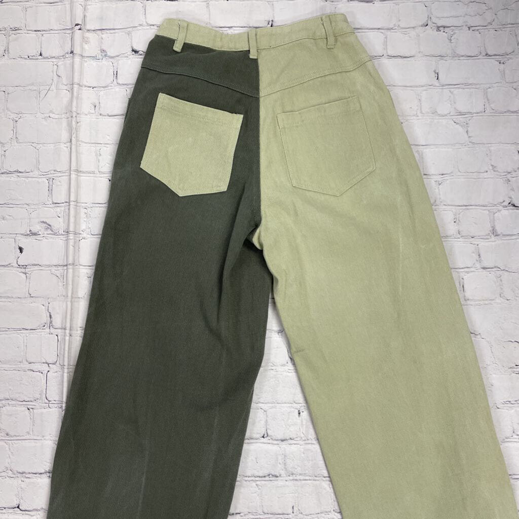 Two Toned Green Half Split Wide Leg Jeans